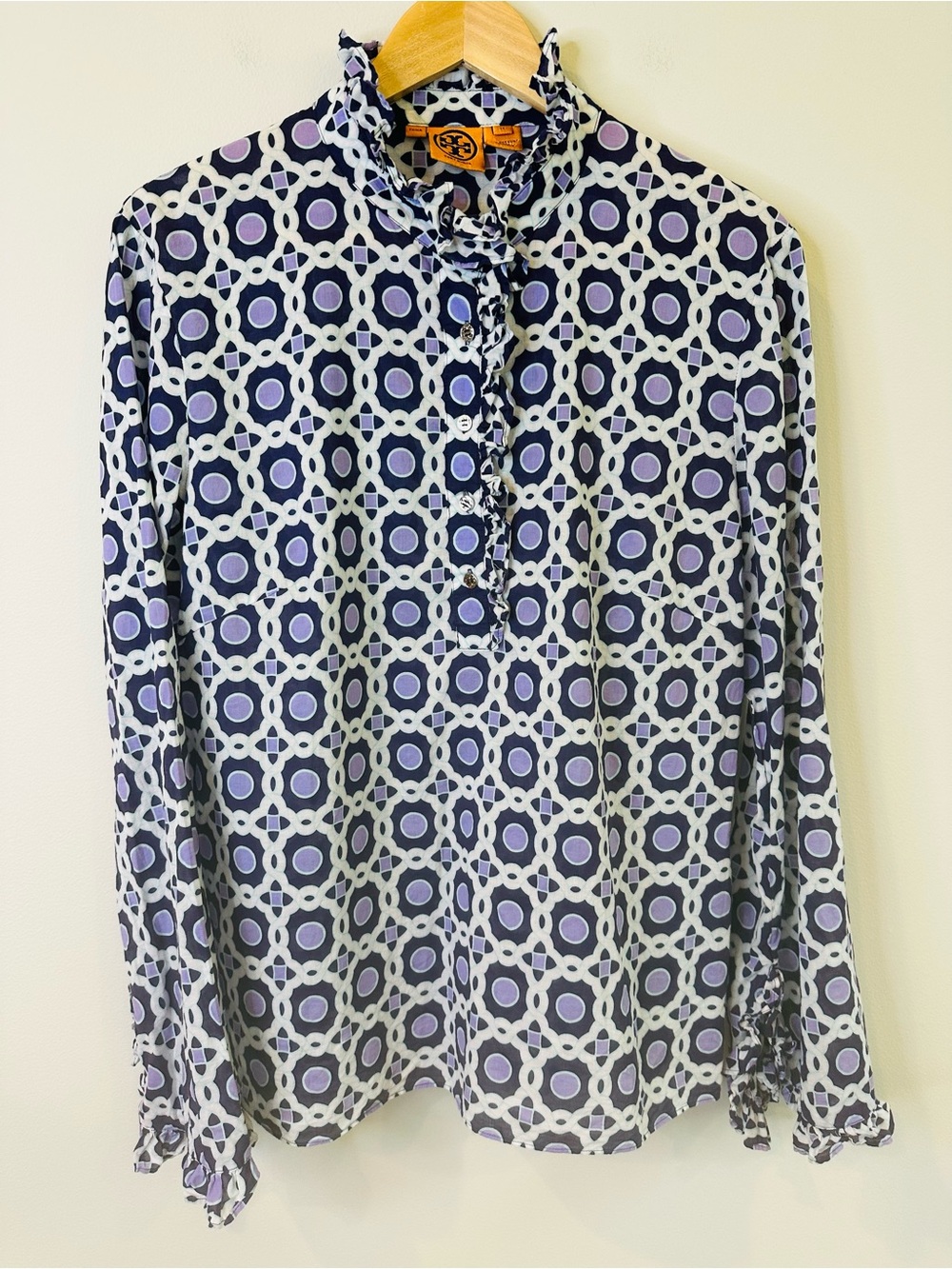 Tory Burch Medallion Print Ruffled Cotton Long Sleeve Blouse EUC Size 14